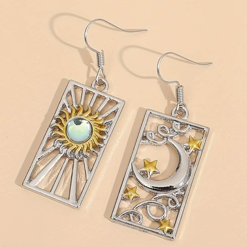 Silver and Gold Sun and Moon Earrings - Picture 3 of 12